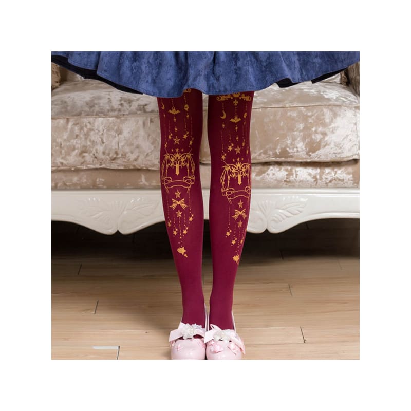 Moon-Star Printed Velvet Lolita Tights - Claret red