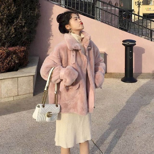 Motocycle Warm Pink/Beige Loose Thick Faux Fur Padded Coat