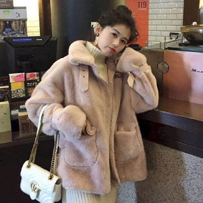 Motocycle Warm Pink/Beige Loose Thick Faux Fur Padded Coat