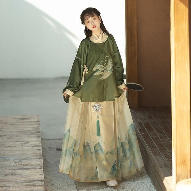 Mountain Print Hanfu Costume Set - Set of 4 - Coat & Top &