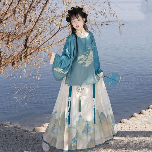 Mountain Print Hanfu Costume Set - Set of 4 - Coat & Top &