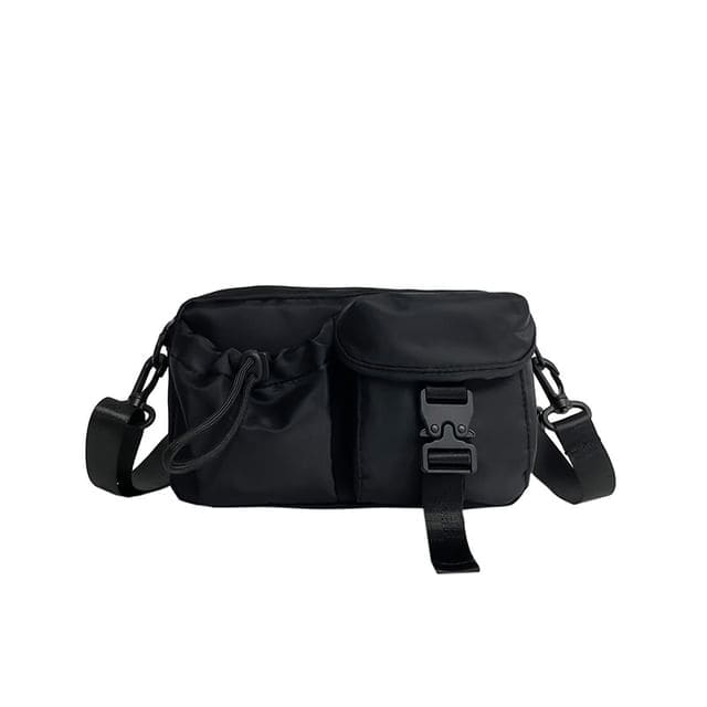 Multi-Pocket Buckled Crossbody Bag - Black / One Size