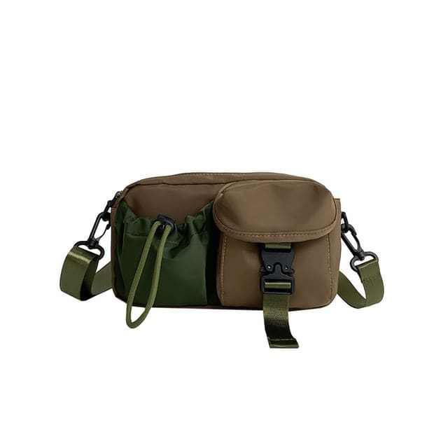 Multi-Pocket Buckled Crossbody Bag - Green Strap - Khaki