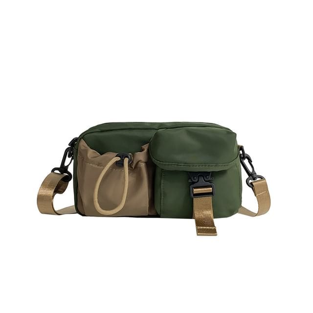 Multi-Pocket Buckled Crossbody Bag - Khaki Strap - Green