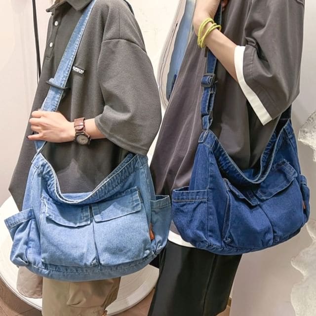 Multi-Pocket Denim Crossbody Bag