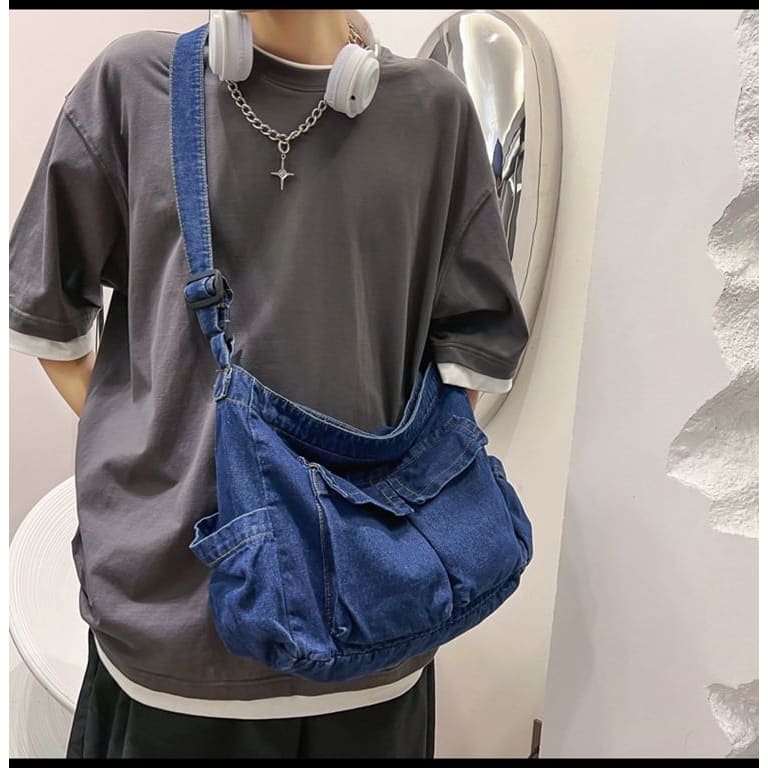 Multi-Pocket Denim Crossbody Bag