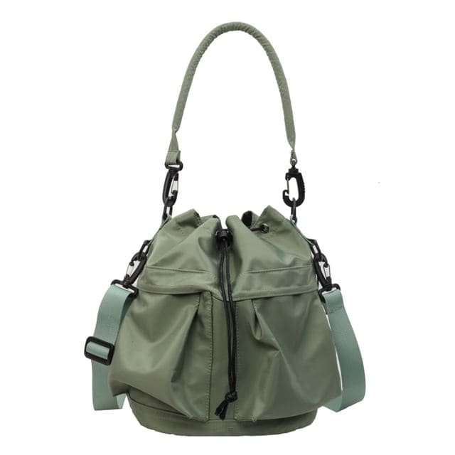 Multi-Pocket Drawstring Bucket Bag - Green / One Size