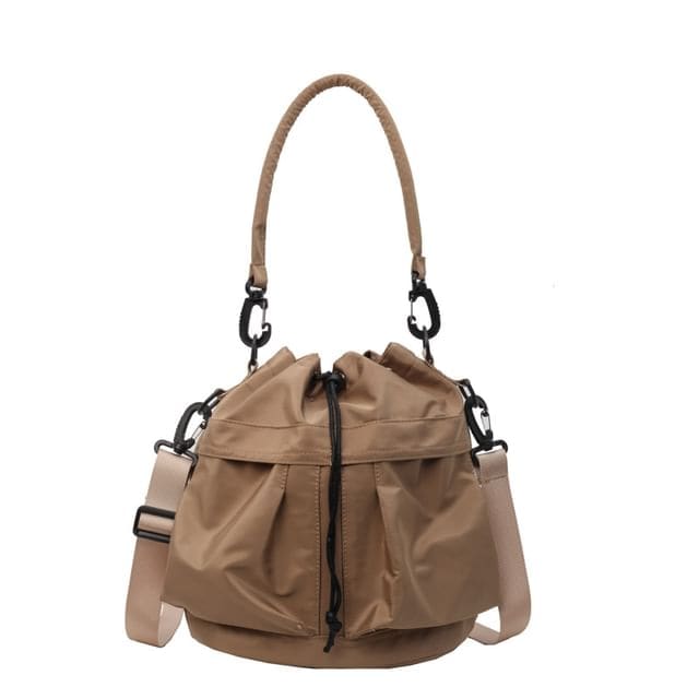 Multi-Pocket Drawstring Bucket Bag - Khaki / One Size