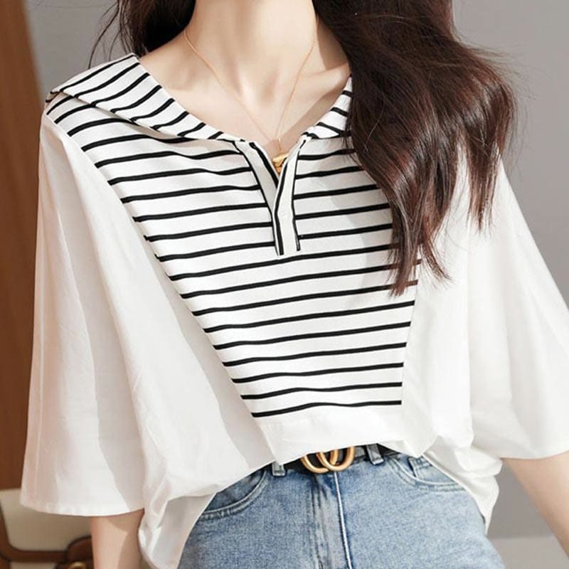 Navy Collar Striped White Top Shirt