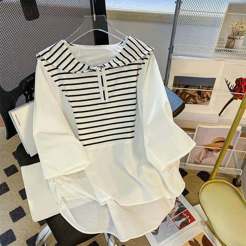 Navy Collar Striped White Top Shirt - White / S