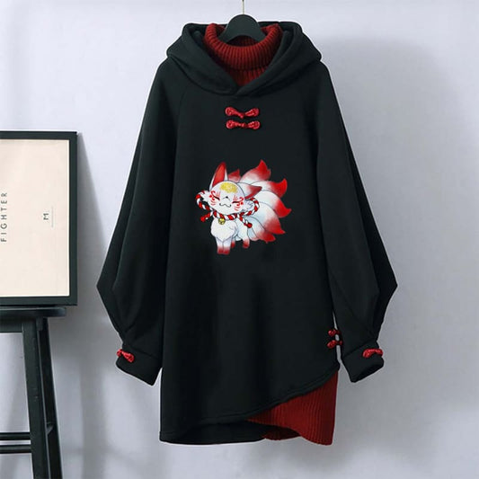 Nine-tailed Fox Print Buckle Vintage Hooded Sweatshirt