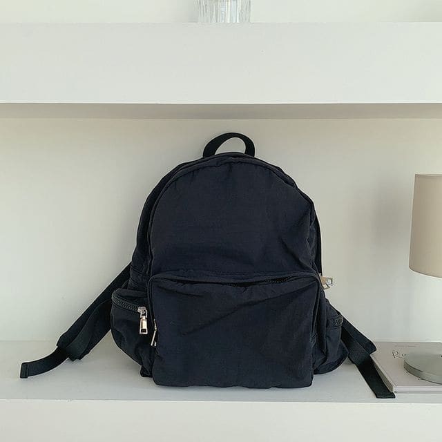 Nylon Plain Zip Backpack - Black / One Size