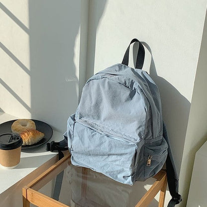 Nylon Plain Zip Backpack - Blue / One Size