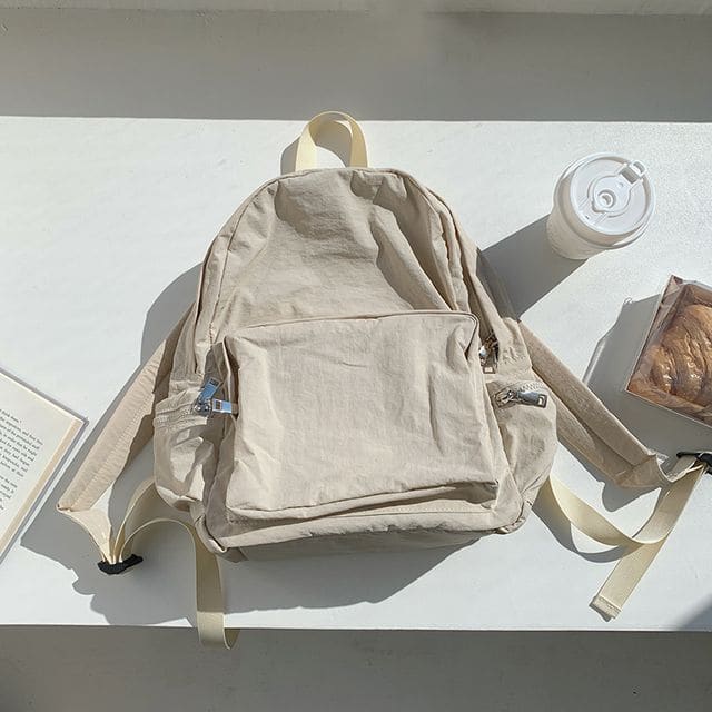 Nylon Plain Zip Backpack - Khaki / One Size