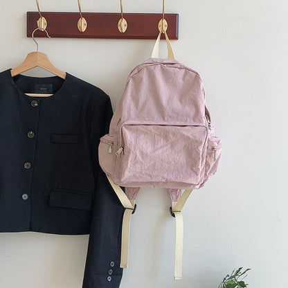 Nylon Plain Zip Backpack - Pink / One Size