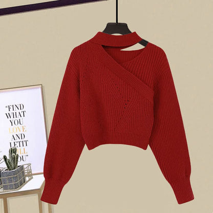 Oblique Elegant Sweater Flouncing Slip Dress - Red Sweater