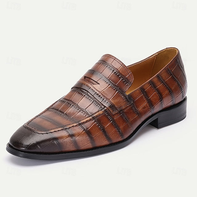 Dress Crocodile Men's Pattern Classic Brown Leather Shoes -