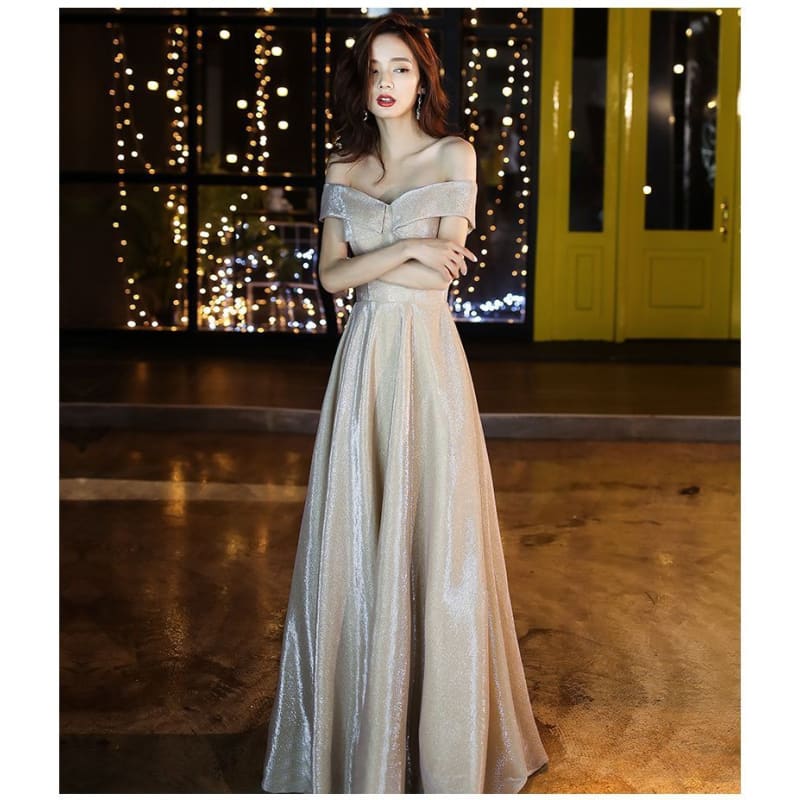 Off Shoulder Glitter A-Line Cocktail Dress / Evening Gown