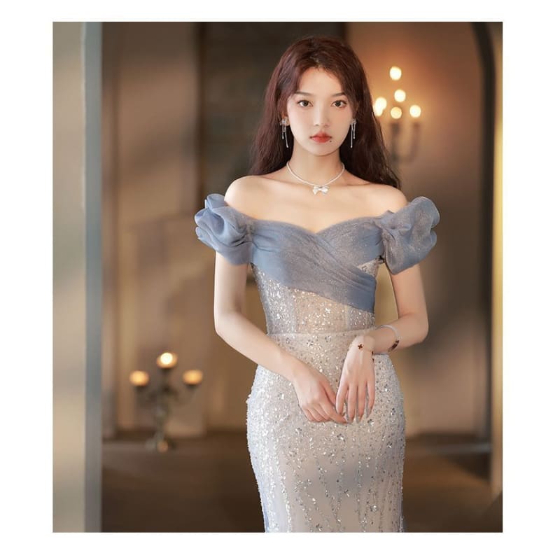 Off Shoulder Mesh Trained A-Line Evening Gown