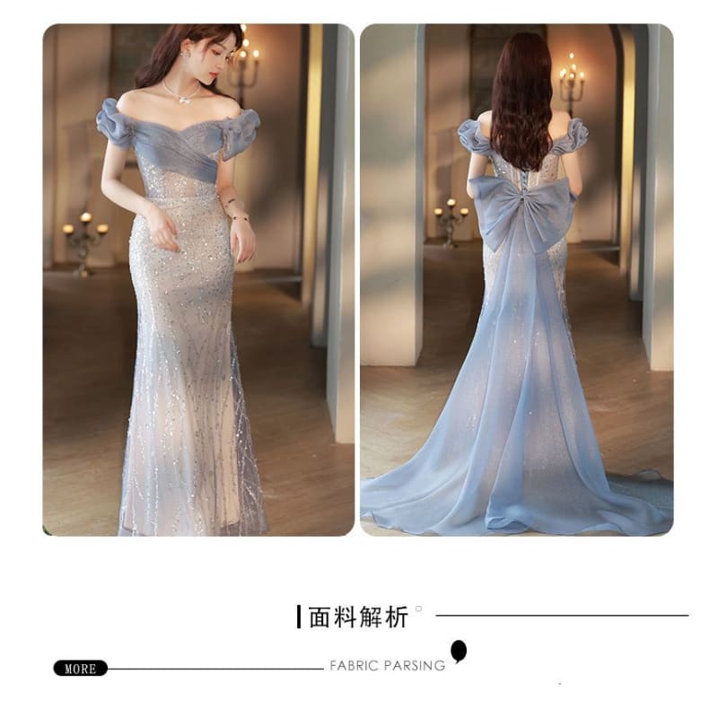 Off Shoulder Mesh Trained A-Line Evening Gown