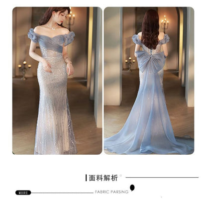 Off Shoulder Mesh Trained A-Line Evening Gown