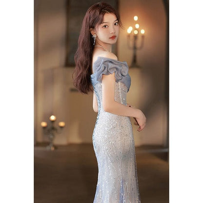 Off Shoulder Mesh Trained A-Line Evening Gown - Without Bow