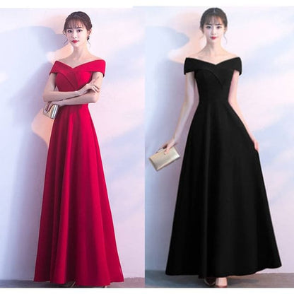 Off Shoulder Plain A-Line Evening Gown - Black / S