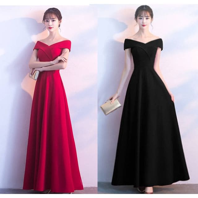 Off Shoulder Plain A-Line Evening Gown - Red / S