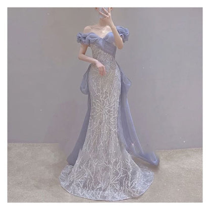 Off Shoulder Trained Mermaid Evening Gown