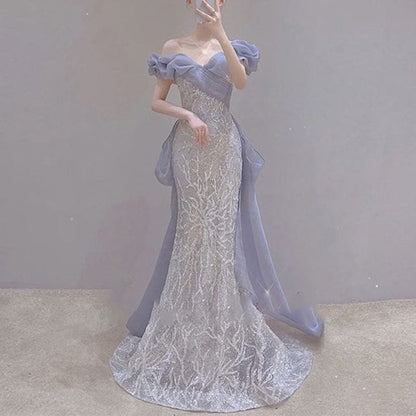 Off Shoulder Trained Mermaid Evening Gown