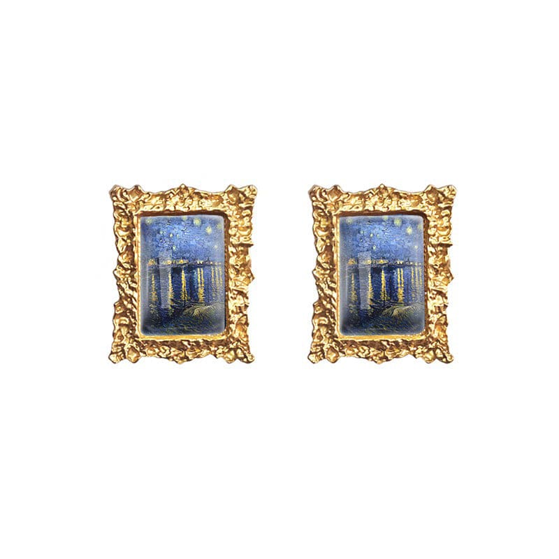 Oil Painting Impressionism Earrings - Starry Night Over