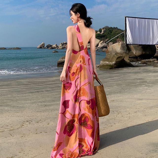 One-Shoulder Floral Print Maxi Sundress - Pink & Yellow / S