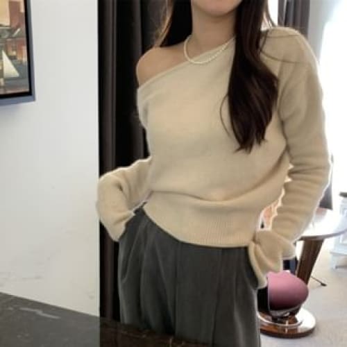 One-Shoulder Plain Sweater - Almond / One Size