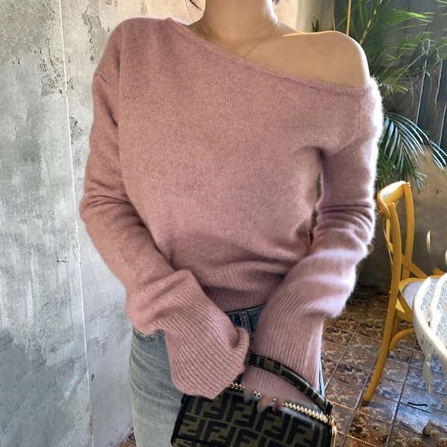 One-Shoulder Plain Sweater - Pink / One Size