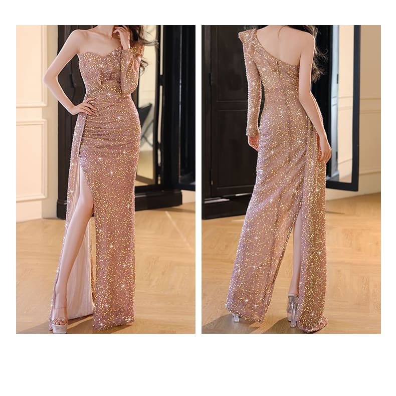 One-Sleeve Sequin Sheath Evening Gown