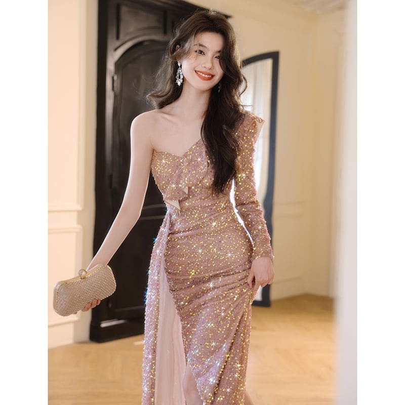 One-Sleeve Sequin Sheath Evening Gown