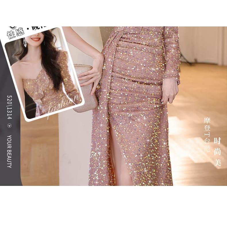 One-Sleeve Sequin Sheath Evening Gown