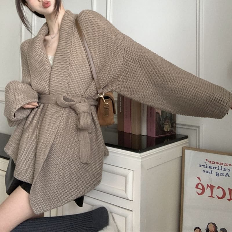 Open-Front Lapel Knit Cardigan with Sash