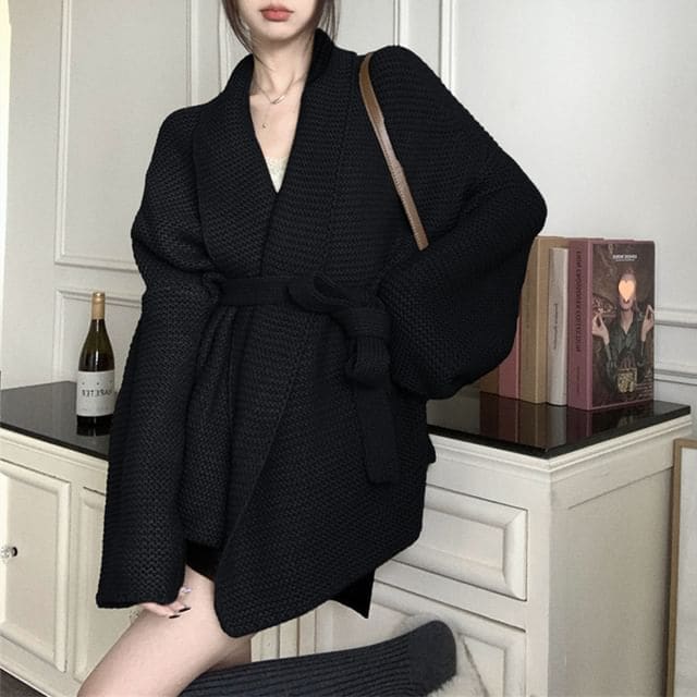 Open-Front Lapel Knit Cardigan with Sash - Black / One Size