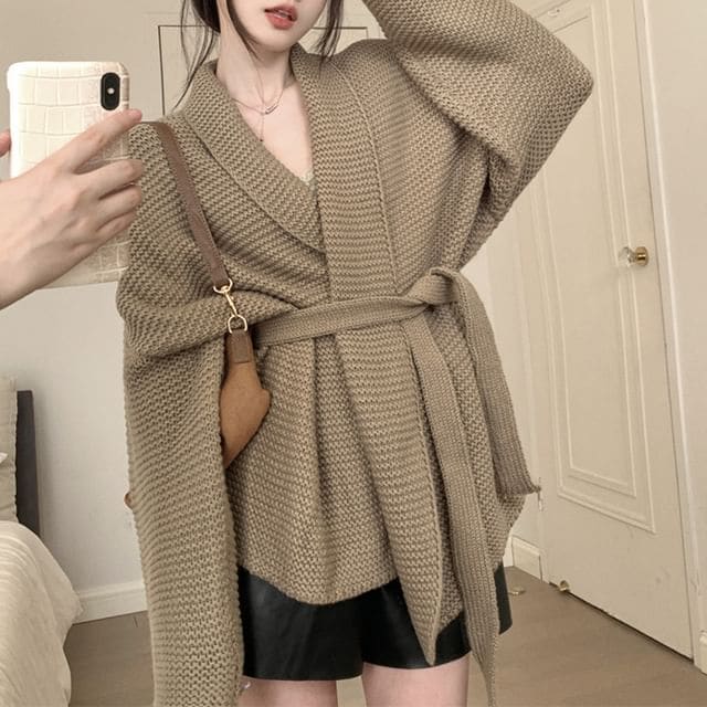 Open-Front Lapel Knit Cardigan with Sash - Khaki / One Size