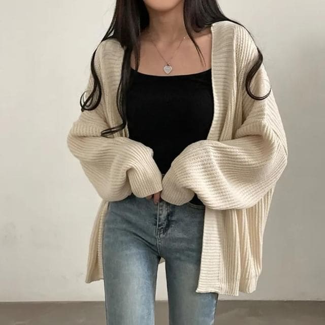 Open-Front Plain Cardigan - Almond / One Size