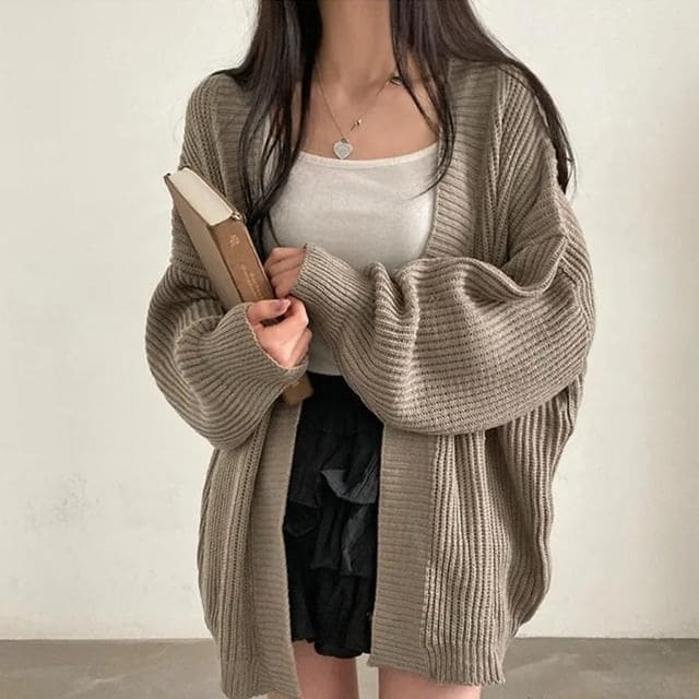 Open-Front Plain Cardigan - Coffee / One Size