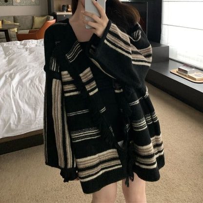 Open Front Striped Cardigan - Striped - Black / M