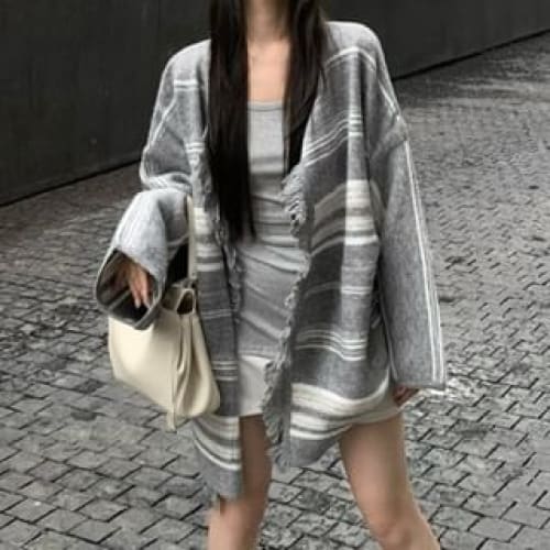 Open Front Striped Cardigan - Striped - Gray / M