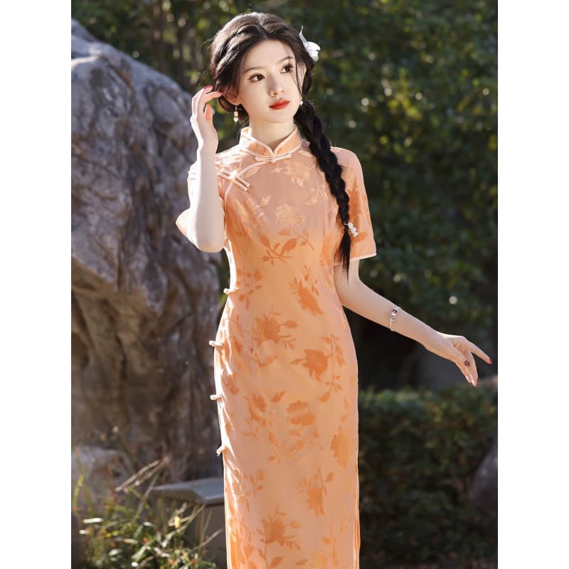 Orange Floral Sleeveless Long Cheongsam - Female Hanfu