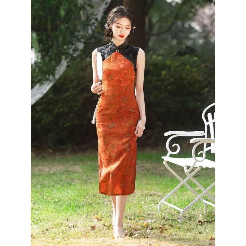 Orange Patterned Cheongsam Dress - Female Hanfu