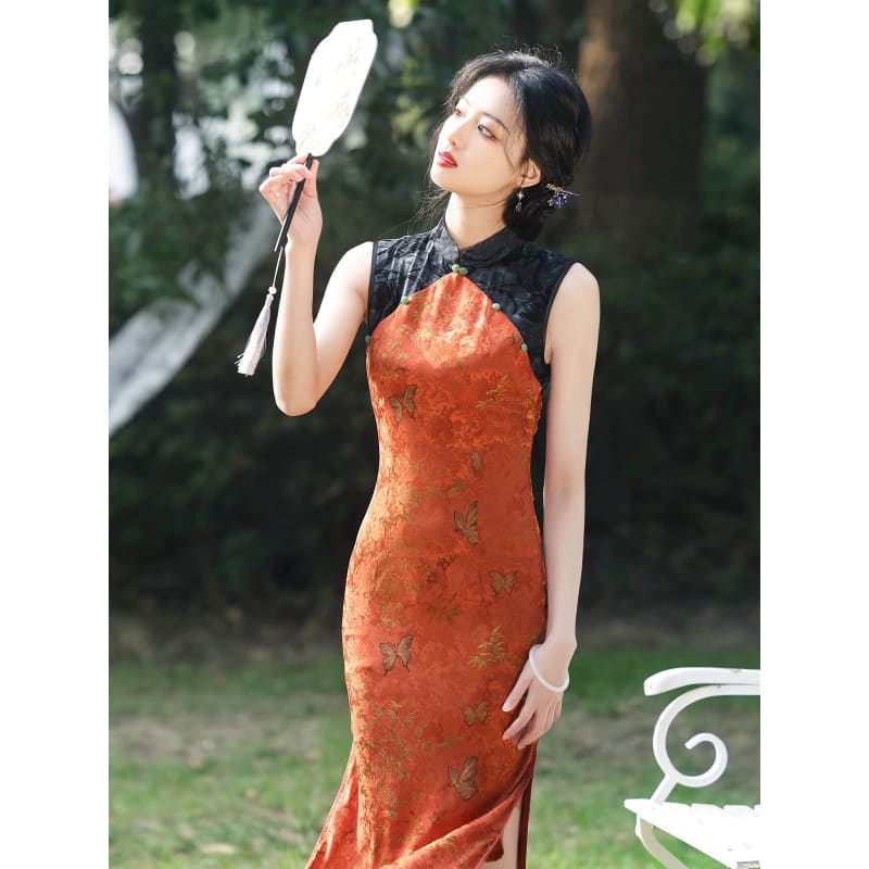 Orange Patterned Cheongsam Dress - Female Hanfu