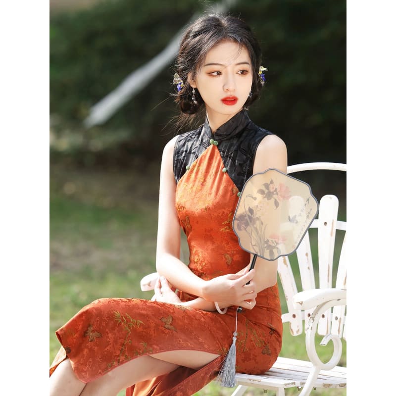 Orange Patterned Cheongsam Dress - Female Hanfu