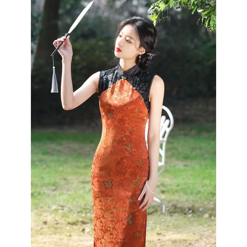 Orange Patterned Cheongsam Dress - S - Female Hanfu