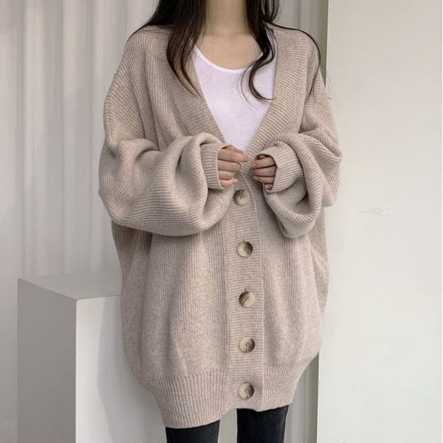 Oversized Bubble-Sleeve V-Neck Cardigan - Almond / One Size